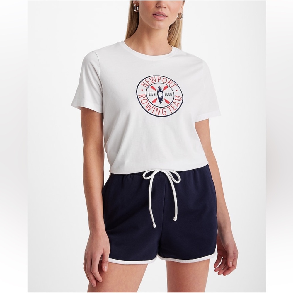Express white Skimming Embroidered Rowing Crew Neck Graphic Tee